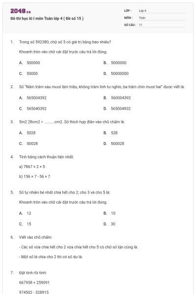 Đề thi học kì I môn Toán lớp 4 ( Đề số 15 )