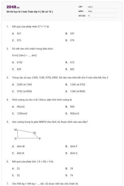 Đề thi học kì I môn Toán lớp 4 ( Đề số 16 )