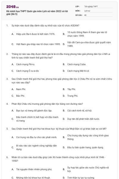 Đề minh họa THPT Quốc gia môn Lịch sử năm 2022 có lời giải (Đề 5)
