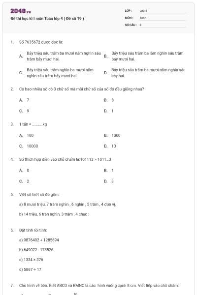 Đề thi học kì I môn Toán lớp 4 ( Đề số 19 )