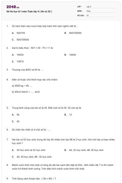 Đề thi học kì I môn Toán lớp 4 ( Đề số 20 )