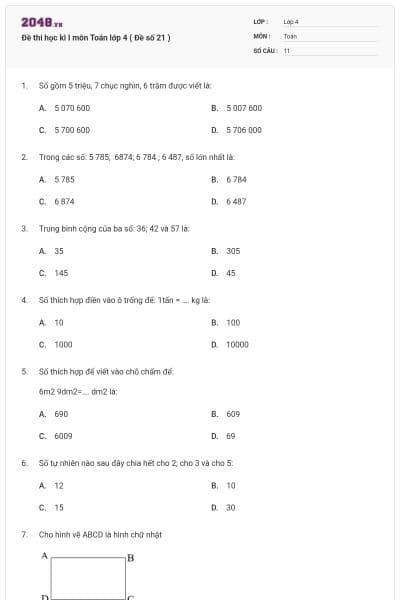 Đề thi học kì I môn Toán lớp 4 ( Đề số 21 )