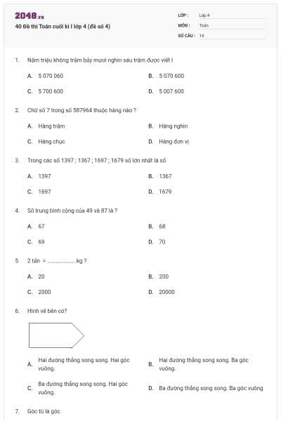 40 Đề thi Toán cuối kì I lớp 4 (đề số 4)