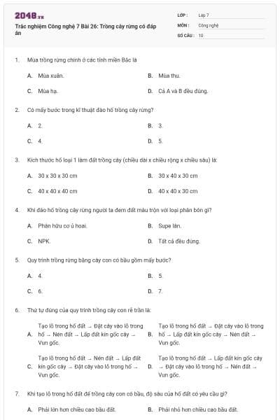 Trắc nghiệm Công nghệ 7 Bài 26: Trồng cây rừng có đáp án