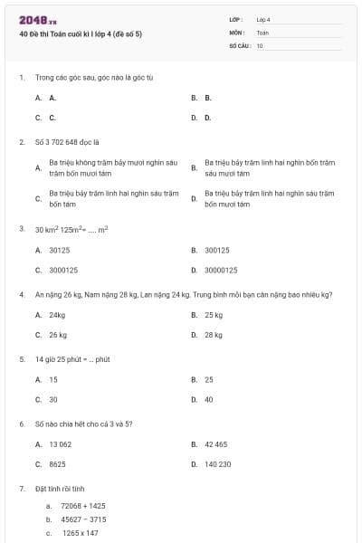 40 Đề thi Toán cuối kì I lớp 4 (đề số 5)