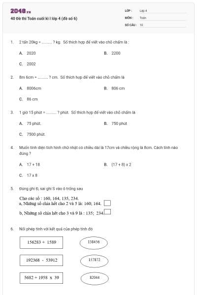 40 Đề thi Toán cuối kì I lớp 4 (đề số 6)