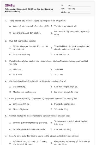 Trắc nghiệm Công nghệ 7 Bài 29 (có đáp án): Bảo vệ và khoanh nuôi rừng