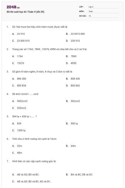 Đề thi cuối học kì I Toán 4 (đề 29)