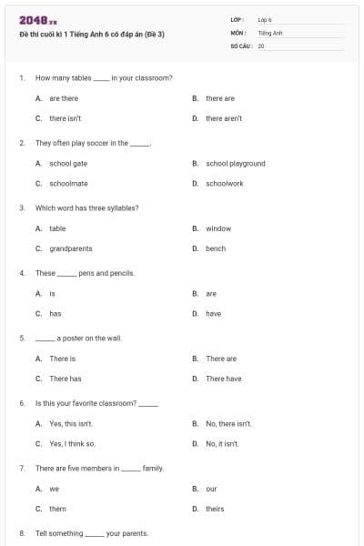 Đề thi cuối kì 1 Tiếng Anh 6 có đáp án (Đề 3)