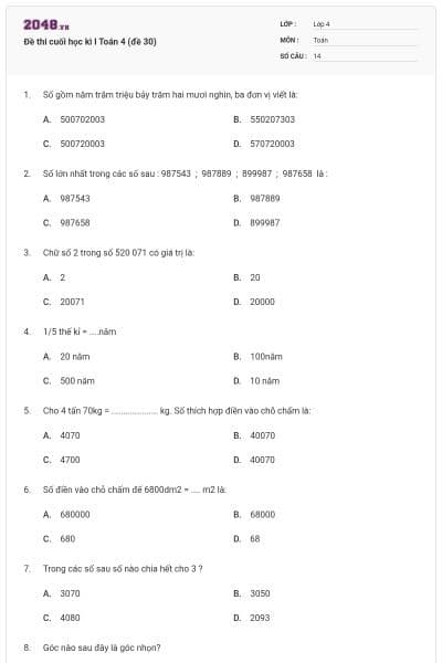 Đề thi cuối học kì I Toán 4 (đề 30)