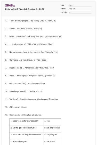 Đề thi cuối kì 1 Tiếng Anh 6 có đáp án (Đề 5)