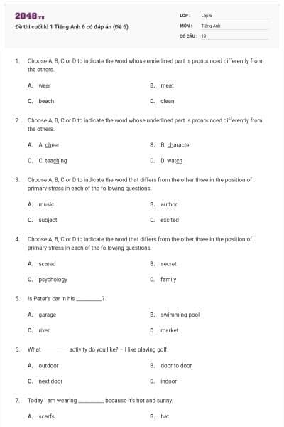 Đề thi cuối kì 1 Tiếng Anh 6 có đáp án (Đề 6)