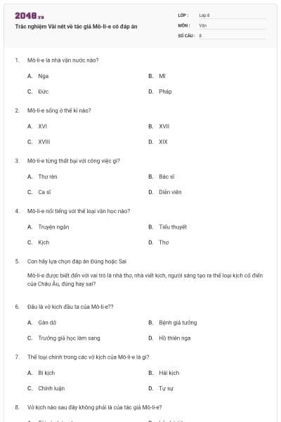 Trắc nghiệm Vài nét về tác giả Mô-li-e có đáp án