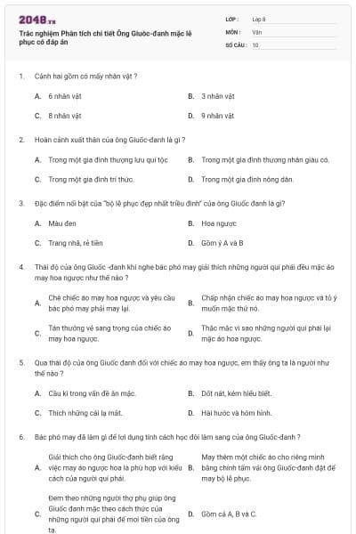 Trắc nghiệm Phân tích chi tiết Ông Giuôc-đanh mặc lễ phục có đáp án