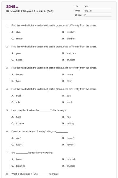 Đề thi cuối kì 1 Tiếng Anh 6 có đáp án (Đề 9)