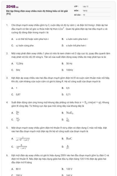 Bài tập Dòng điện xoay chiều mức độ thông hiểu có lời giải (P2)