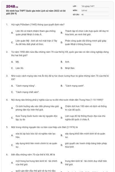 Đề minh họa THPT Quốc gia môn Lịch sử năm 2022 có lời giải (Đề 9)