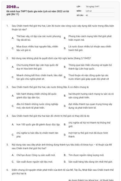 Đề minh họa THPT Quốc gia môn Lịch sử năm 2022 có lời giải (Đề 11)