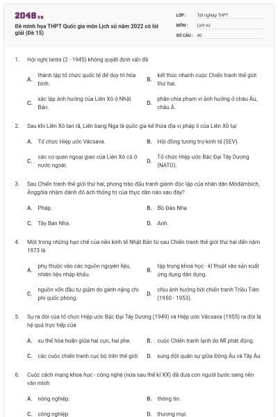 Đề minh họa THPT Quốc gia môn Lịch sử năm 2022 có lời giải (Đề 15)