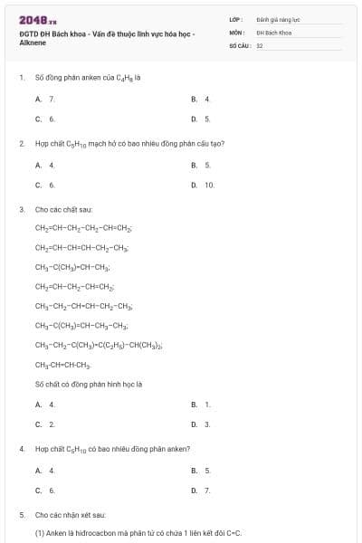 ĐGTD ĐH Bách khoa - Vấn đề thuộc lĩnh vực hóa học - Alknene