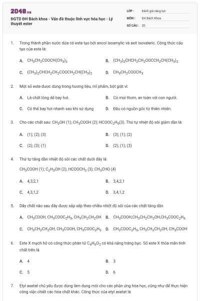 ĐGTD ĐH Bách khoa - Vấn đề thuộc lĩnh vực hóa học - Lý thuyết ester