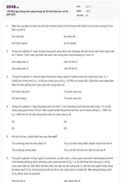 190 Bài tập Sóng ánh sáng trong đề thi thử Đại học có lời giải (p2)