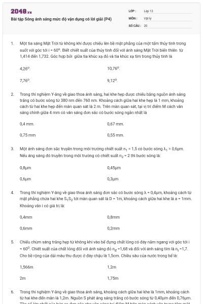 Bài tập Sóng ánh sáng mức độ vận dụng có lời giải (P4)
