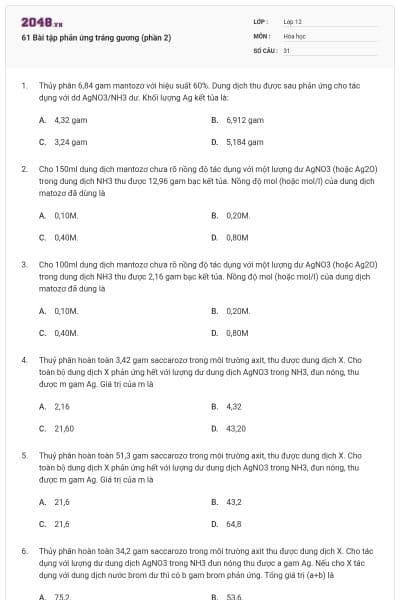 61 Bài tập phản ứng tráng gương (phần 2)