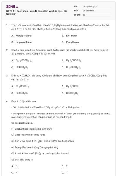 ĐGTD ĐH Bách khoa - Vấn đề thuộc lĩnh vực hóa học - Bài tập ester