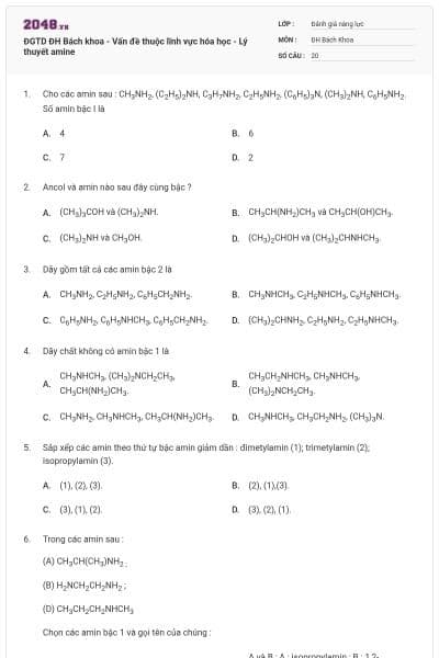 ĐGTD ĐH Bách khoa - Vấn đề thuộc lĩnh vực hóa học - Lý thuyết amine