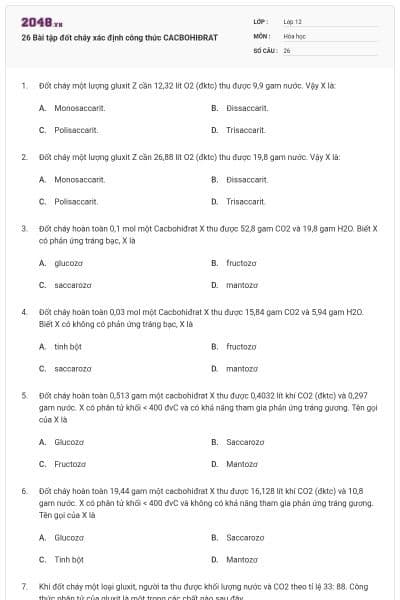 26 Bài tập đốt cháy xác định công thức CACBOHIĐRAT
