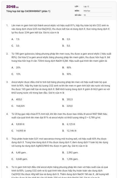 Tổng hợp bài tập CACBOHIĐRAT (phần 1)
