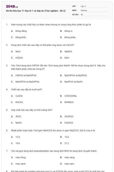 Đề thi Hóa học 11 Học kì 1 có đáp án (Trắc nghiệm - Đề 2)
