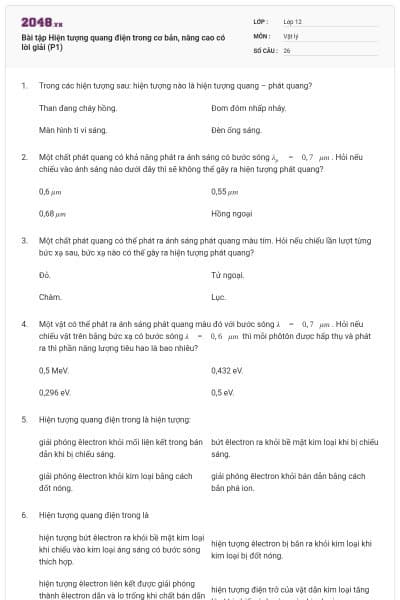 Bài tập Hiện tượng quang điện trong cơ bản, nâng cao có lời giải (P1)
