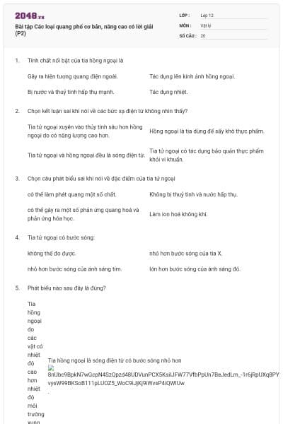 Bài tập Các loại quang phổ cơ bản, nâng cao có lời giải (P2)