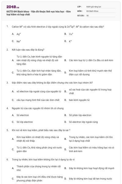 ĐGTD ĐH Bách khoa - Vấn đề thuộc lĩnh vực hóa học - Kim loại kiềm và hợp chất