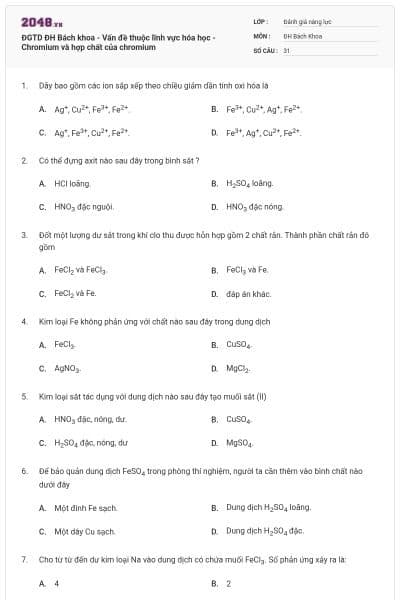 ĐGTD ĐH Bách khoa - Vấn đề thuộc lĩnh vực hóa học - Chromium và hợp chất của chromium