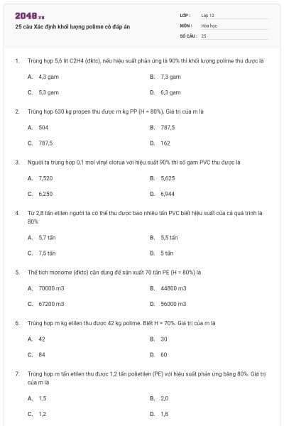 25 câu Xác định khối lượng polime có đáp án