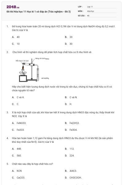 Đề thi Hóa học 11 Học kì 1 có đáp án (Trắc nghiệm - Đề 3)