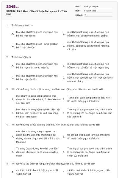 ĐGTD ĐH Bách khoa - Vấn đề thuộc lĩnh vực vật lí - Thấu kính