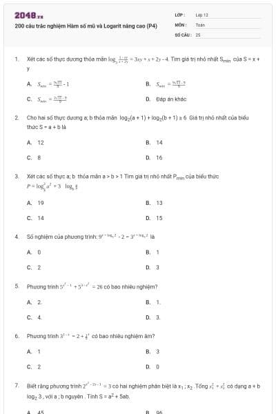 200 câu trắc nghiệm Hàm số mũ và Logarit nâng cao (P4)