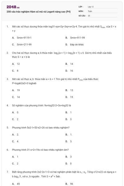 200 câu trắc nghiệm Hàm số mũ và Logarit nâng cao (P4)