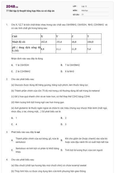 77 Bài tập lý thuyết tổng hợp Hữu cơ có đáp án