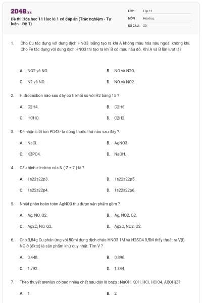 Đề thi Hóa học 11 Học kì 1 có đáp án (Trắc nghiệm - Tự luận - Đề 1)
