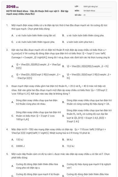 ĐGTD ĐH Bách khoa - Vấn đề thuộc lĩnh vực vật lí - Bài tập mạch xoay chiều chứa RLC