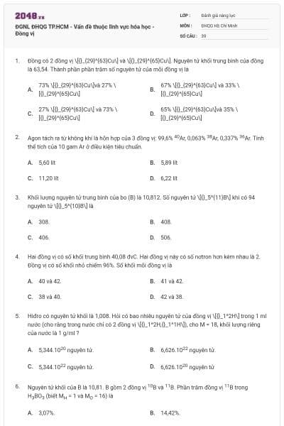 ĐGNL ĐHQG TP.HCM - Vấn đề thuộc lĩnh vực hóa học - Đồng vị