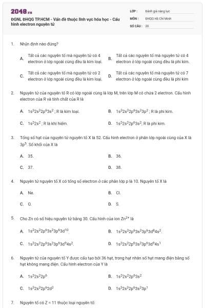 ĐGNL ĐHQG TP.HCM - Vấn đề thuộc lĩnh vực hóa học - Cấu hình electron nguyên tử
