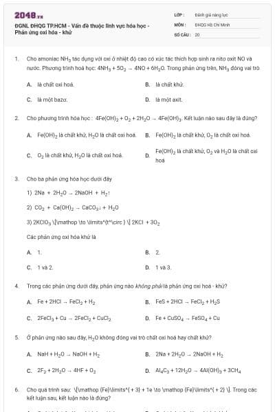 ĐGNL ĐHQG TP.HCM - Vấn đề thuộc lĩnh vực hóa học - Phản ứng oxi hóa - khử