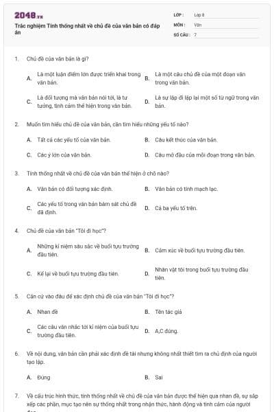 Trắc nghiệm Tính thống nhất về chủ đề của văn bản có đáp án