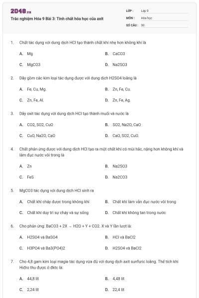 Trắc nghiệm Hóa 9 Bài 3: Tính chất hóa học của axit